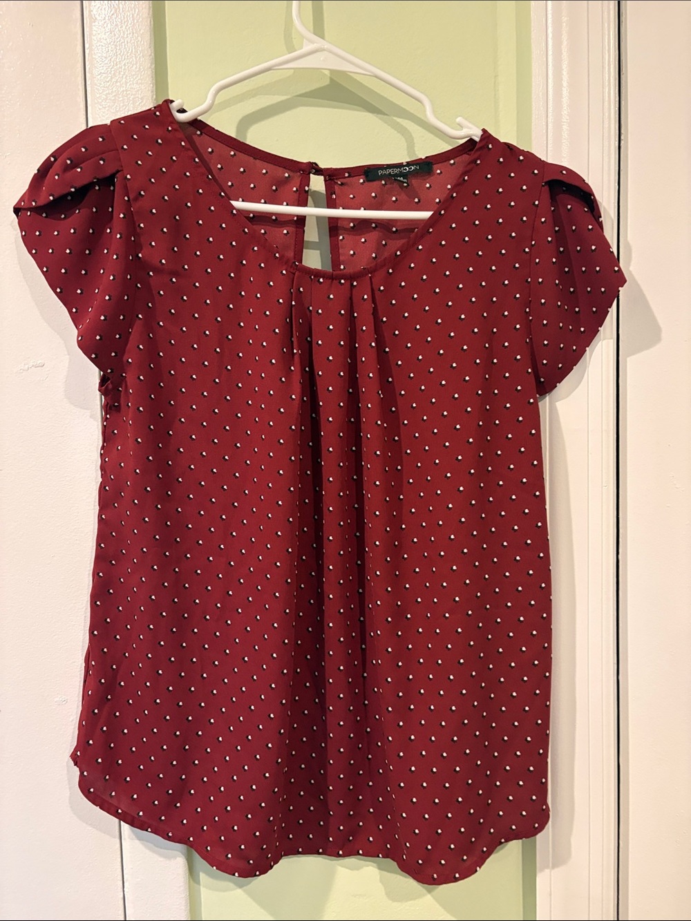 Papermoon Burgundy Polka Dot Flutter-Sleeve Blouse